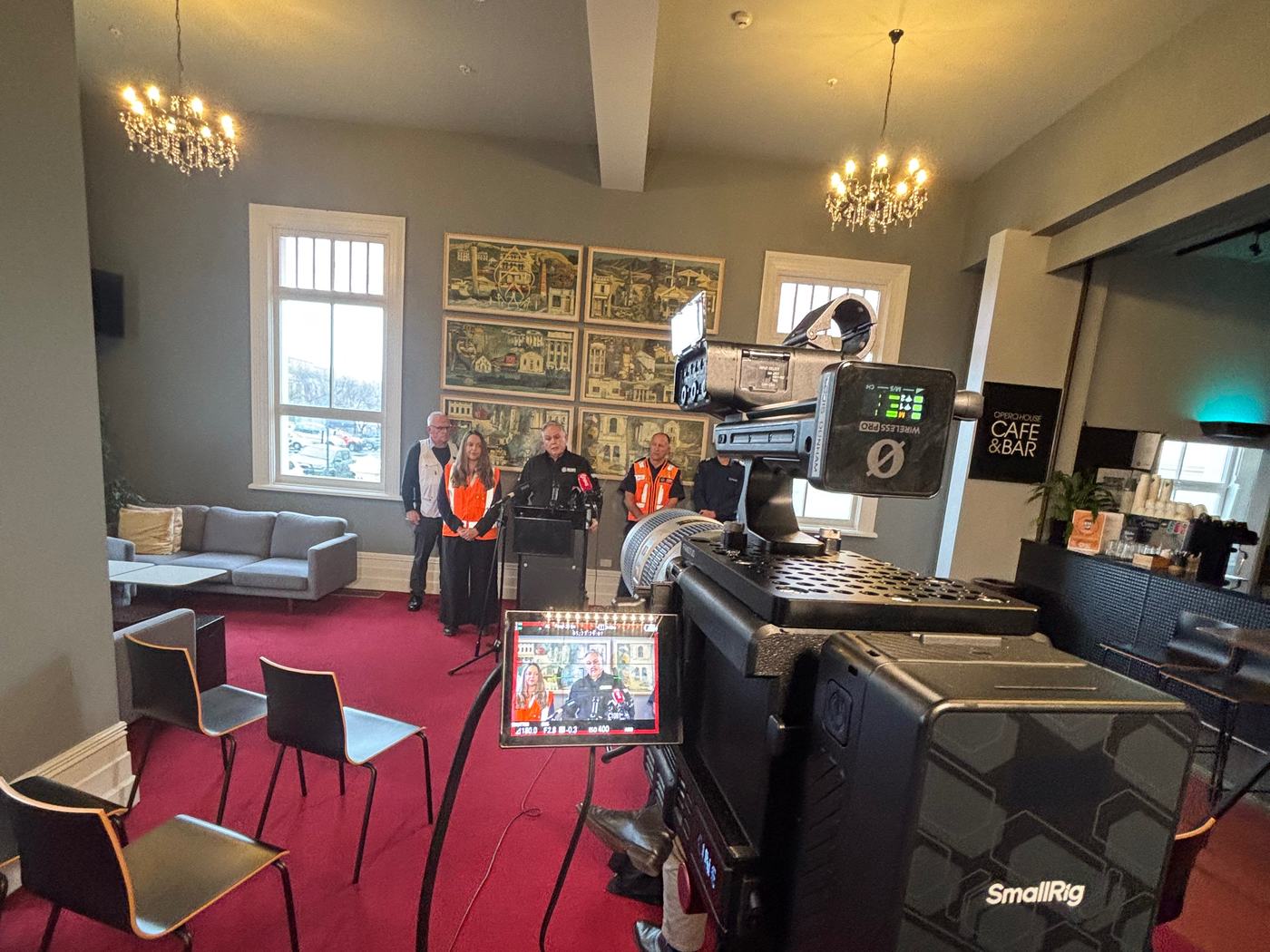 Camera, monitor and audio rig set up for a live stream inside a Canterbury venue